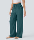 High Waisted Drawstring Pocket Wide Leg Baggy Casual Linen-Feel Pants - Atlantic Deep