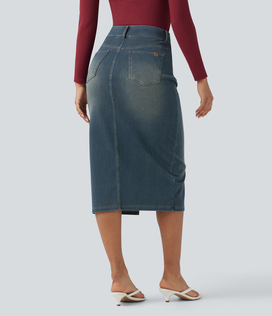 Halara Flex™ High Waisted Pockets Bodycon Washed Denim Casual Midi Skirt - Cement Blue Denim