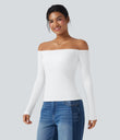Ribbed Knit Off Shoulder Long Sleeve 2-in-1 Casual Top - White