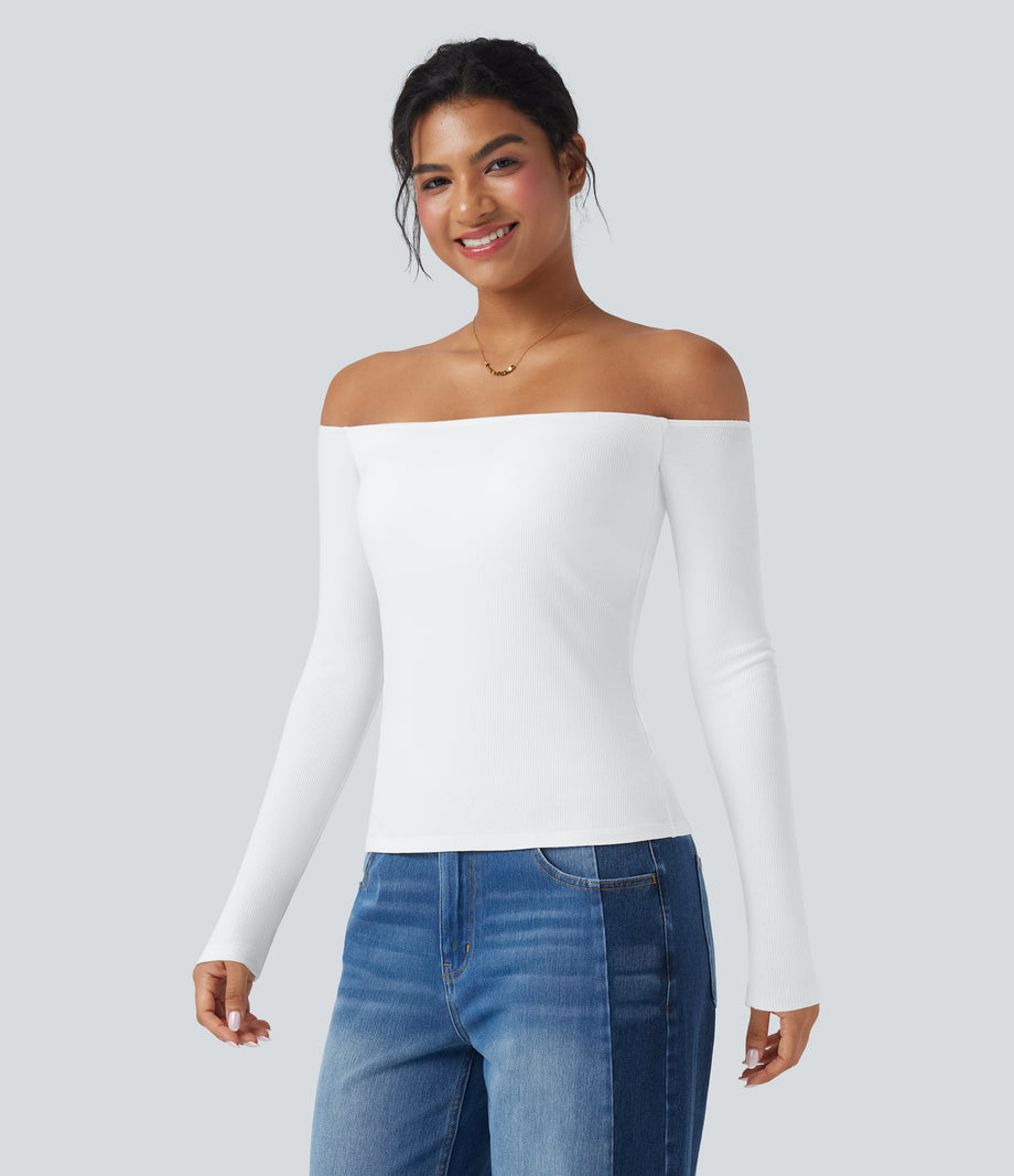 Ribbed Knit Off Shoulder Long Sleeve 2-in-1 Casual Top - White