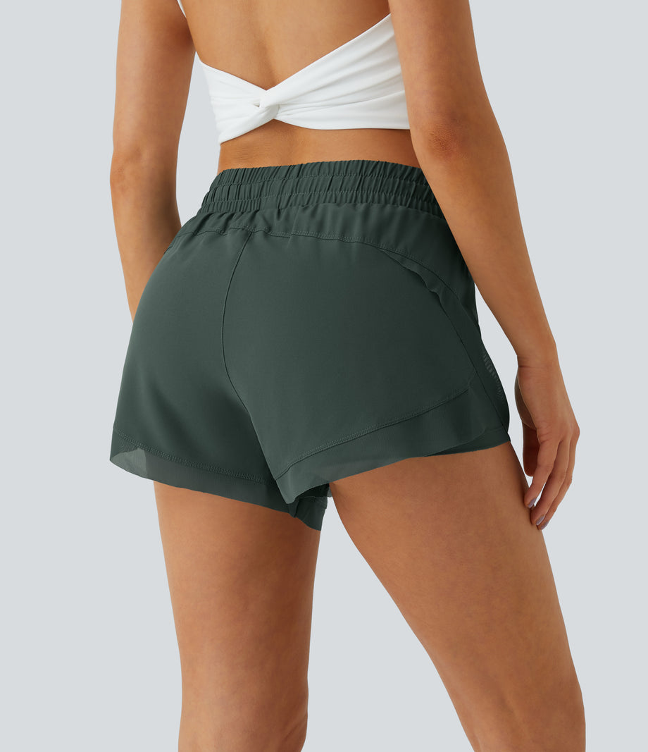 Mid Rise Drawstring Contrast Mesh 2-in-1 Flowy Running Shorts 3'' - Dark Green