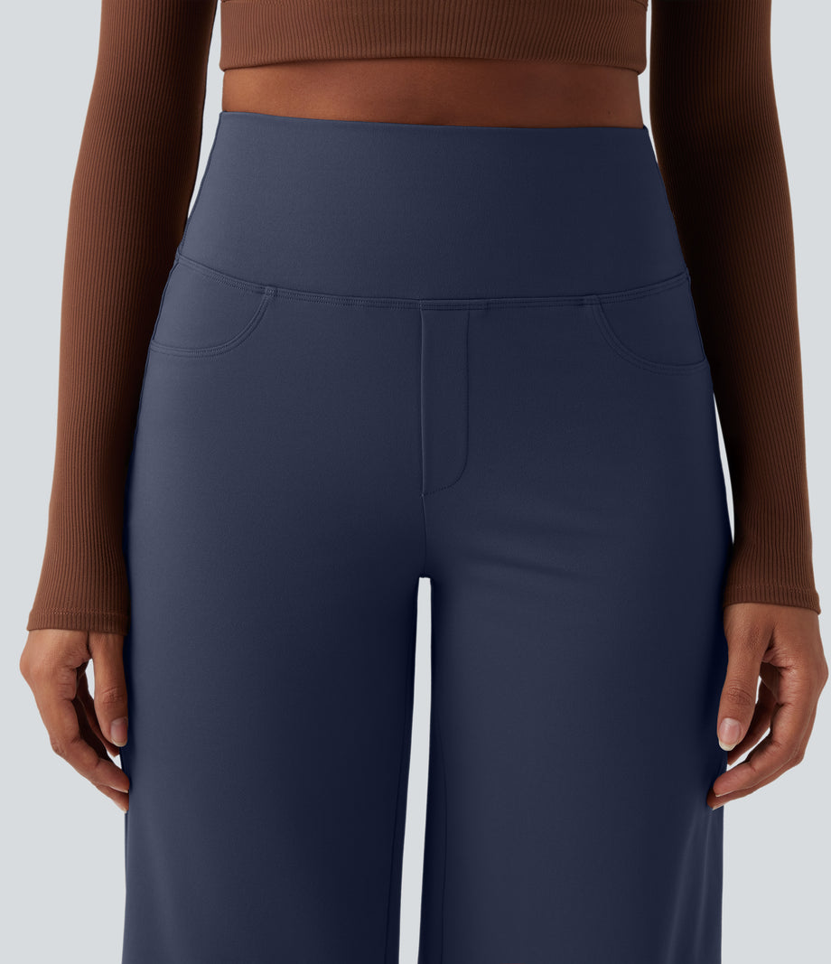DayStretch High Waisted Tummy Control Wide Leg Baggy Yoga Pants with Pockets - Midnight Blue