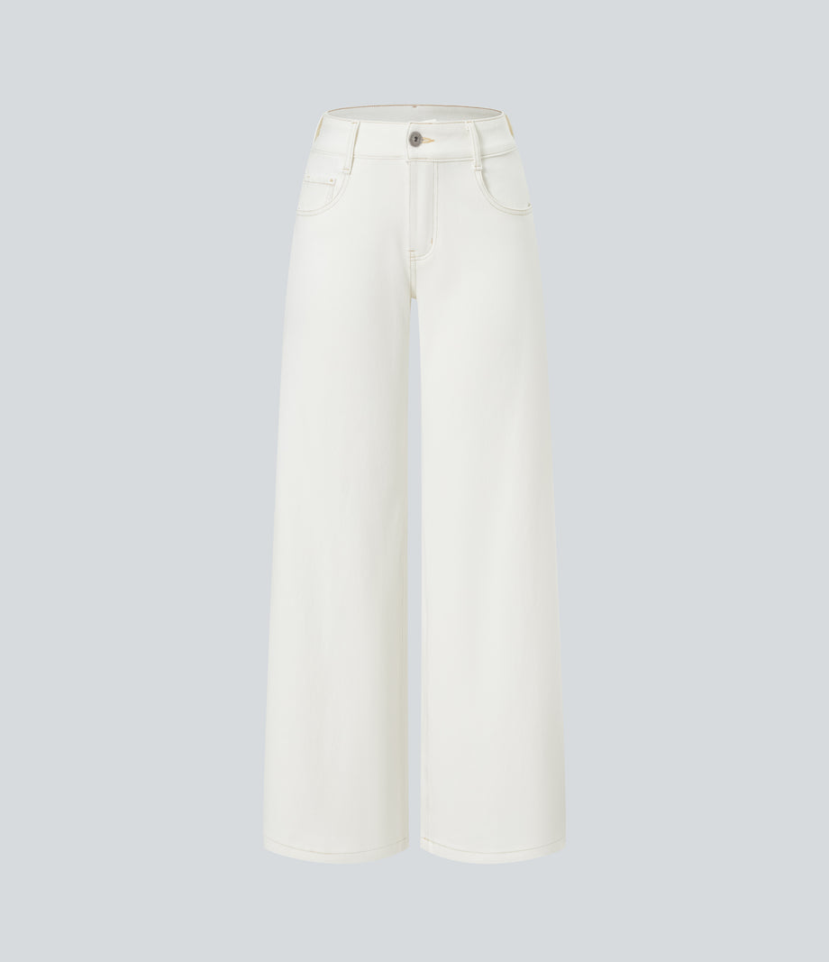 Halara Flex™ Low Rise Zipper Pockets Washed Baggy Wide Leg Casual Jeans - Beige Denim