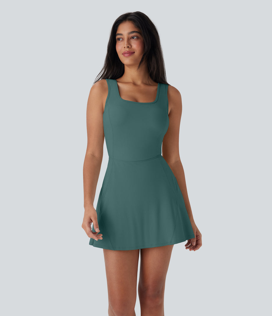 SoftlyZero™ Airy U Neck 2-in-1 Pocket Mini Cool Touch Dance Active Dress-Easy Peezy - Blue Spruce