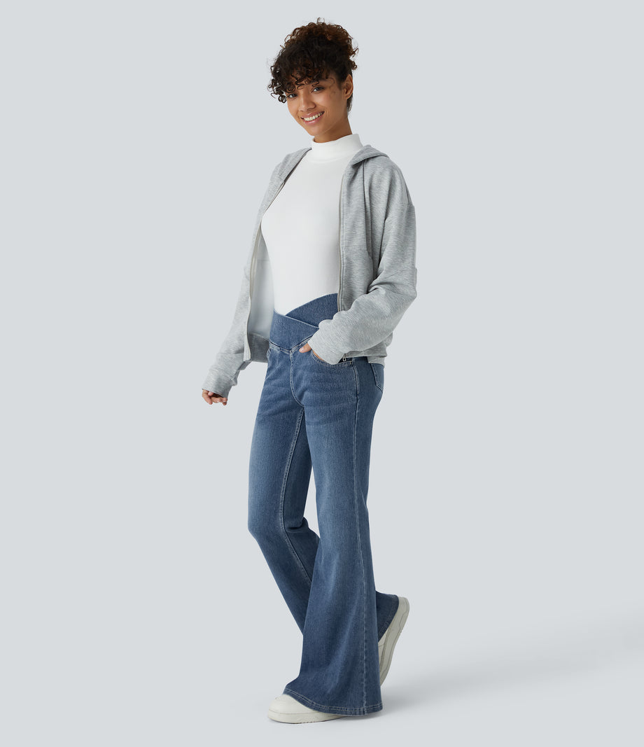 Halara Flex™ High Waisted Crossover Pocket Washed Casual Flare Jeans - Frost Blue Denim