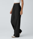 High Waisted Pocket Straight Leg Baggy Mop Corduroy Casual Pants - Black