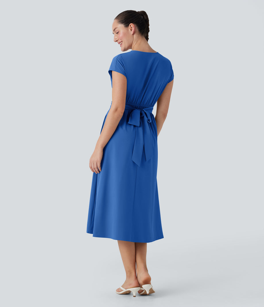 Breezeful™ V Neck Short Sleeve Pocket Tie Back Quick Dry Midi Casual Dress - Nebulas Blue