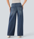 Halara Flex™ Low Rise Zipper Pockets Washed Baggy Wide Leg Casual Jeans - Cedar Blue Denim