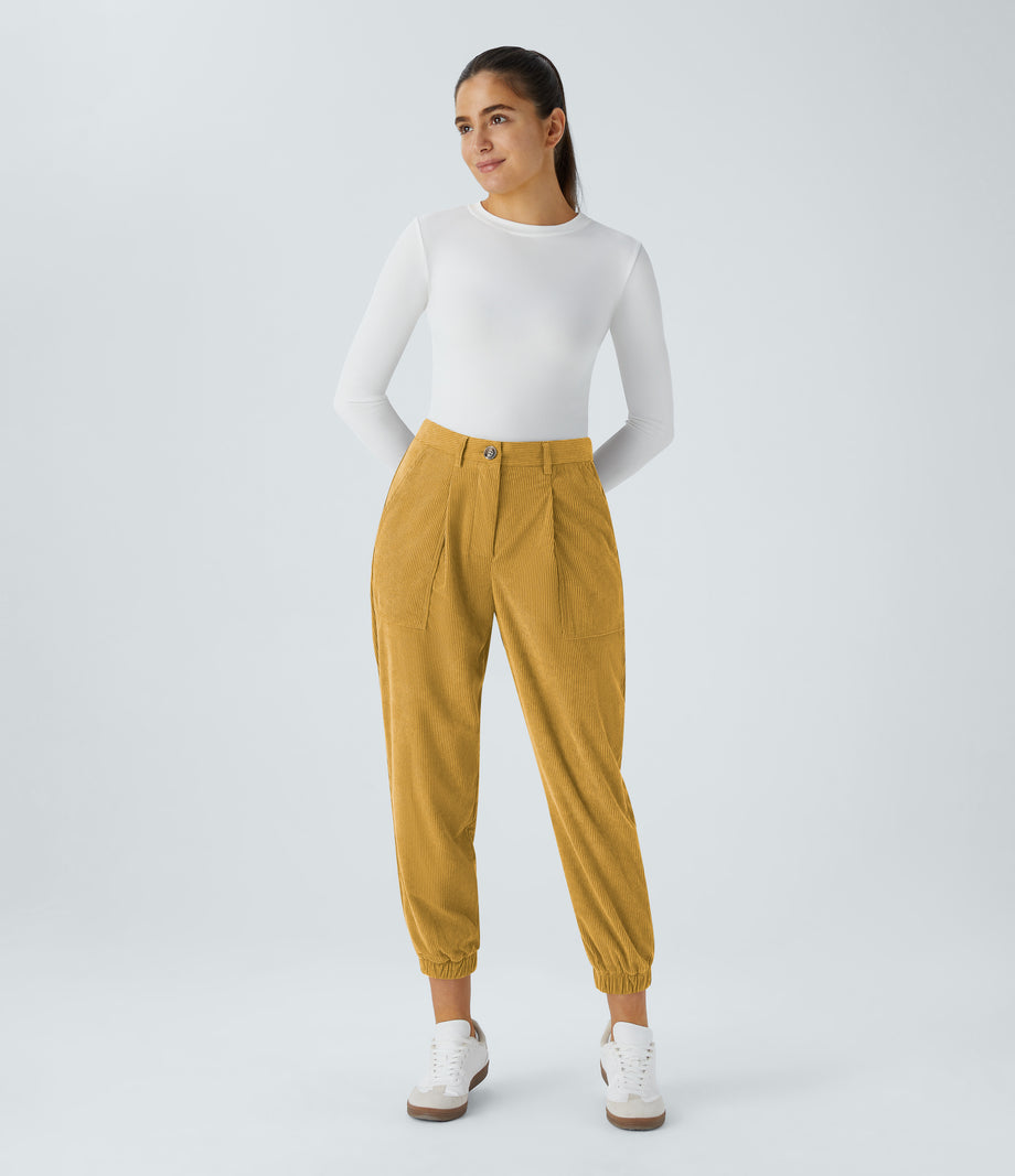 Mid Rise Zipper Pockets Corduroy Casual Joggers - Amber Gold