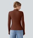 Mock-neck Long Sleeve Ruched Asymmetric Hem Thermal Casual Top - Smoked Paprika