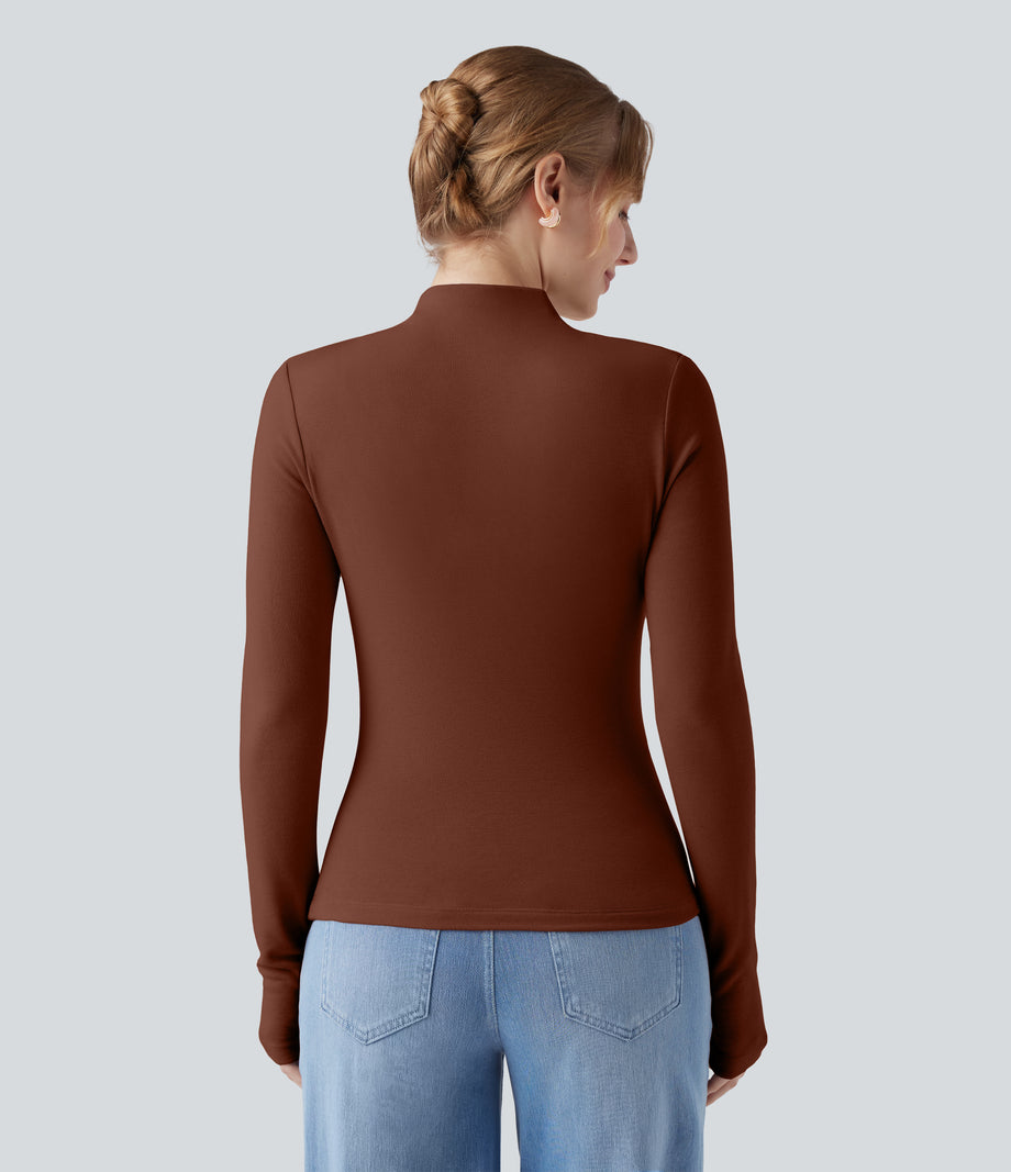 Mock-neck Long Sleeve Ruched Asymmetric Hem Thermal Casual Top - Smoked Paprika