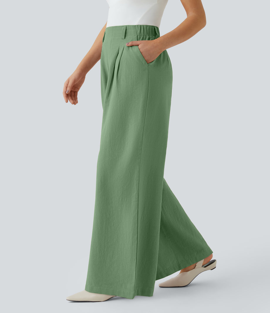 High Waisted Pocket Wide Leg Flowy Solid Palazzo Casual Linen-Feel Pants - Kashmir