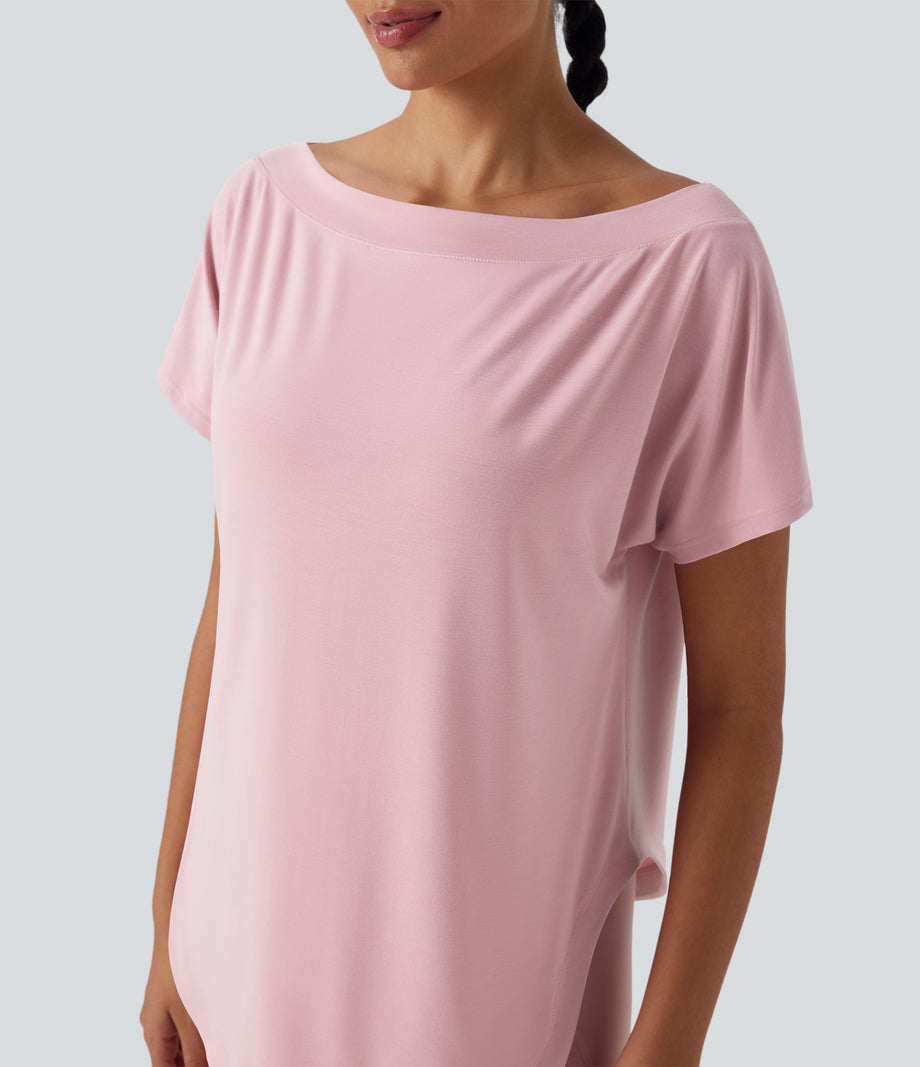One Shoulder Short Sleeve Curved Hem High Low Quick Dry Yoga Sports Top - Pale Lilac