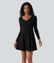 Ribbed Knit V Neck Long Sleeve Flare Mini Casual Dress with Pockets - Black