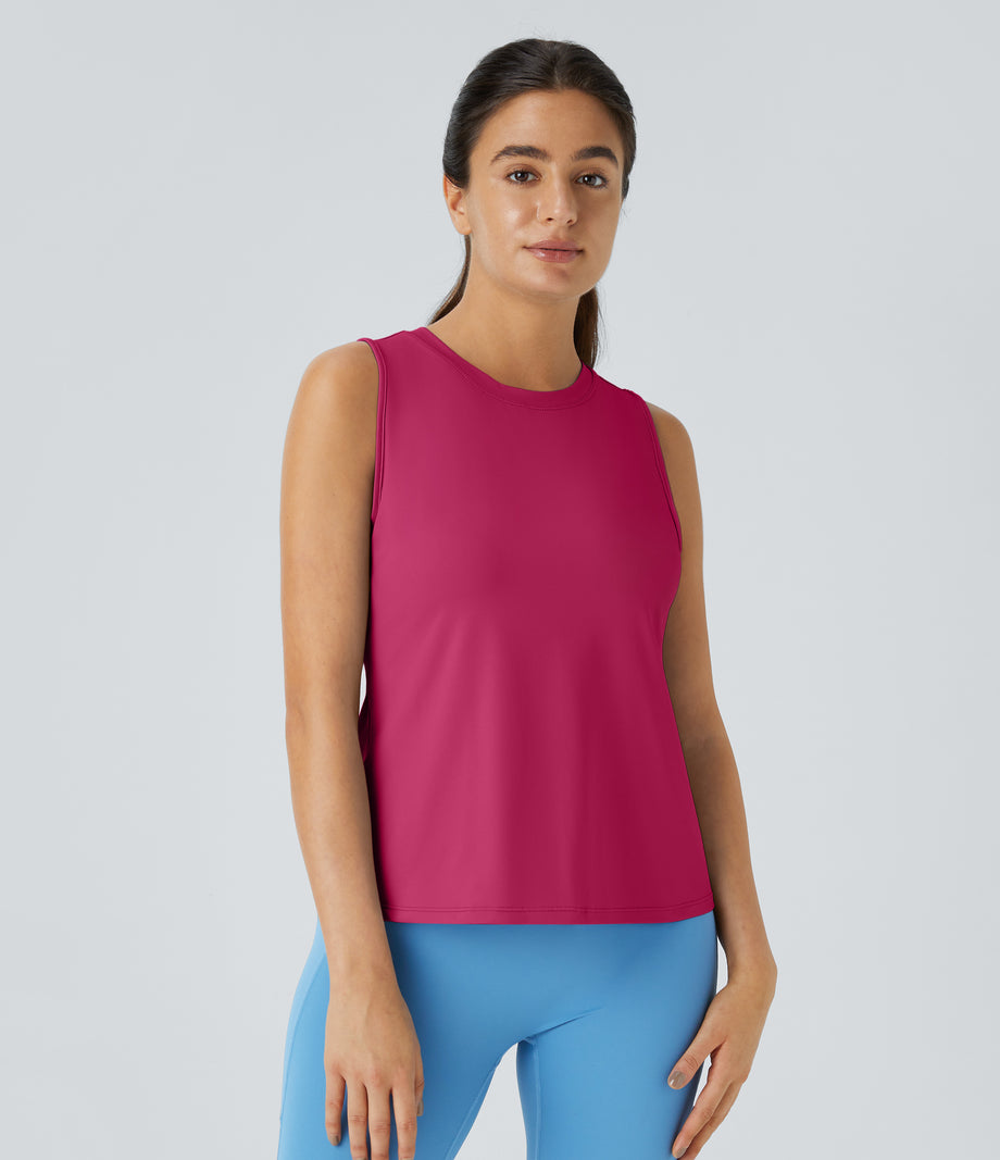 Cut Out Crossover Hem Solid Yoga Tank Top - Bright Rose