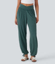 Crossover High Waisted Pocket Drawstring Casual Joggers - Jade Green Floral Yarn