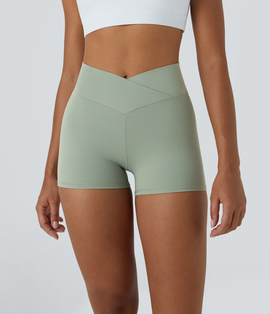 SoftlyZero™ High Waisted Crossover Plain Yoga Biker Shorts 3''-UPF50+ - Asparagus