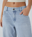 Halara Flex™ Low Rise Zipper Pockets Washed Baggy Wide Leg Casual Jeans - Light Azure Denim