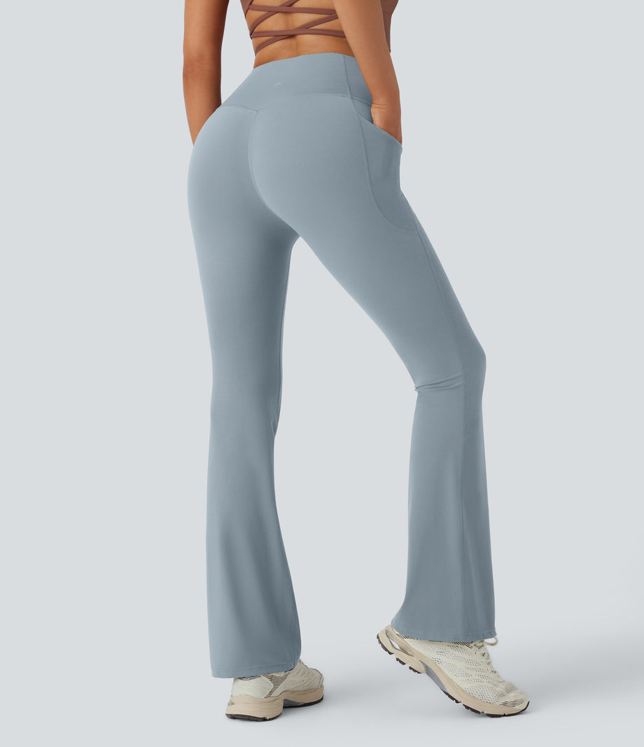 Halara UltraSculpt™ High Waisted Tummy Control Pocket Shaping Yoga Bootcut Leggings - Blue Flower Gray