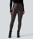 High Waisted Stretchy PU Fleece Casual Leggings with Pockets - Java