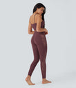 SoftlyZero™ High Waisted Crossover Contrast Lace Pocket Yoga Leggings-UPF50+ - Red Mahogany