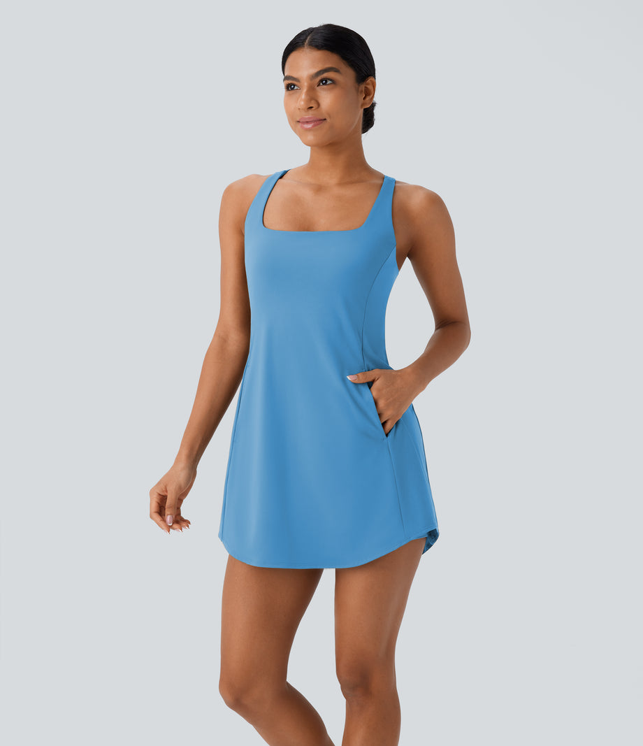 SoftlyZero™ Plush Cut Out Pocket 2-Piece Mini Yoga Active Dress - Bonnie Blue