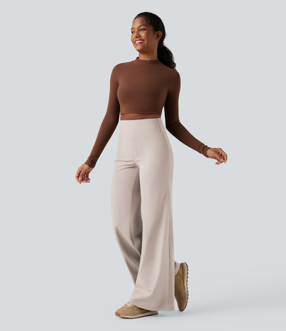 DayStretch High Waisted Tummy Control Wide Leg Baggy Yoga Pants with Pockets - Oat Milk