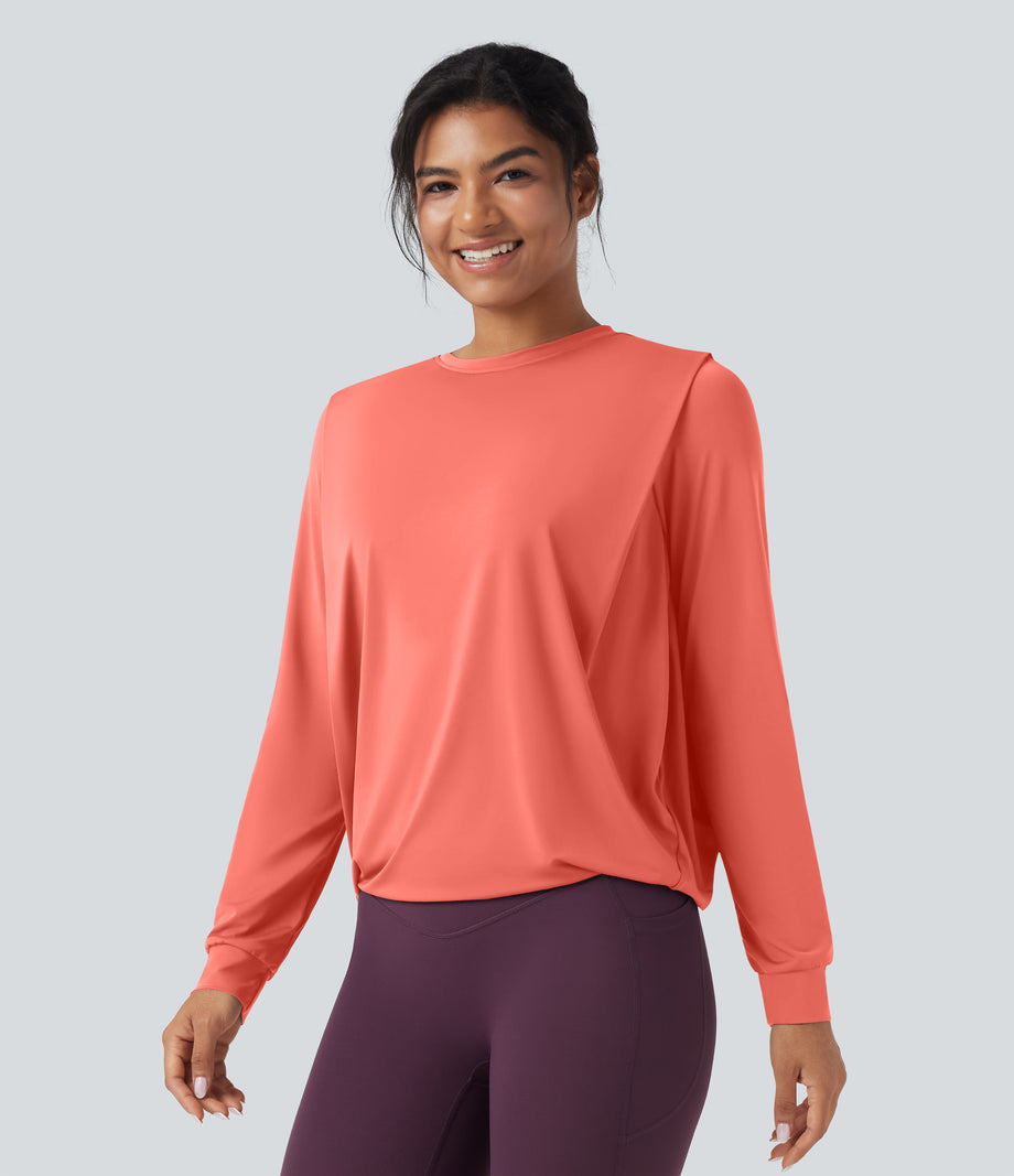 Round Neck Long Sleeve Ruched Yoga Sports Top-UPF50+ - Fusion Coral