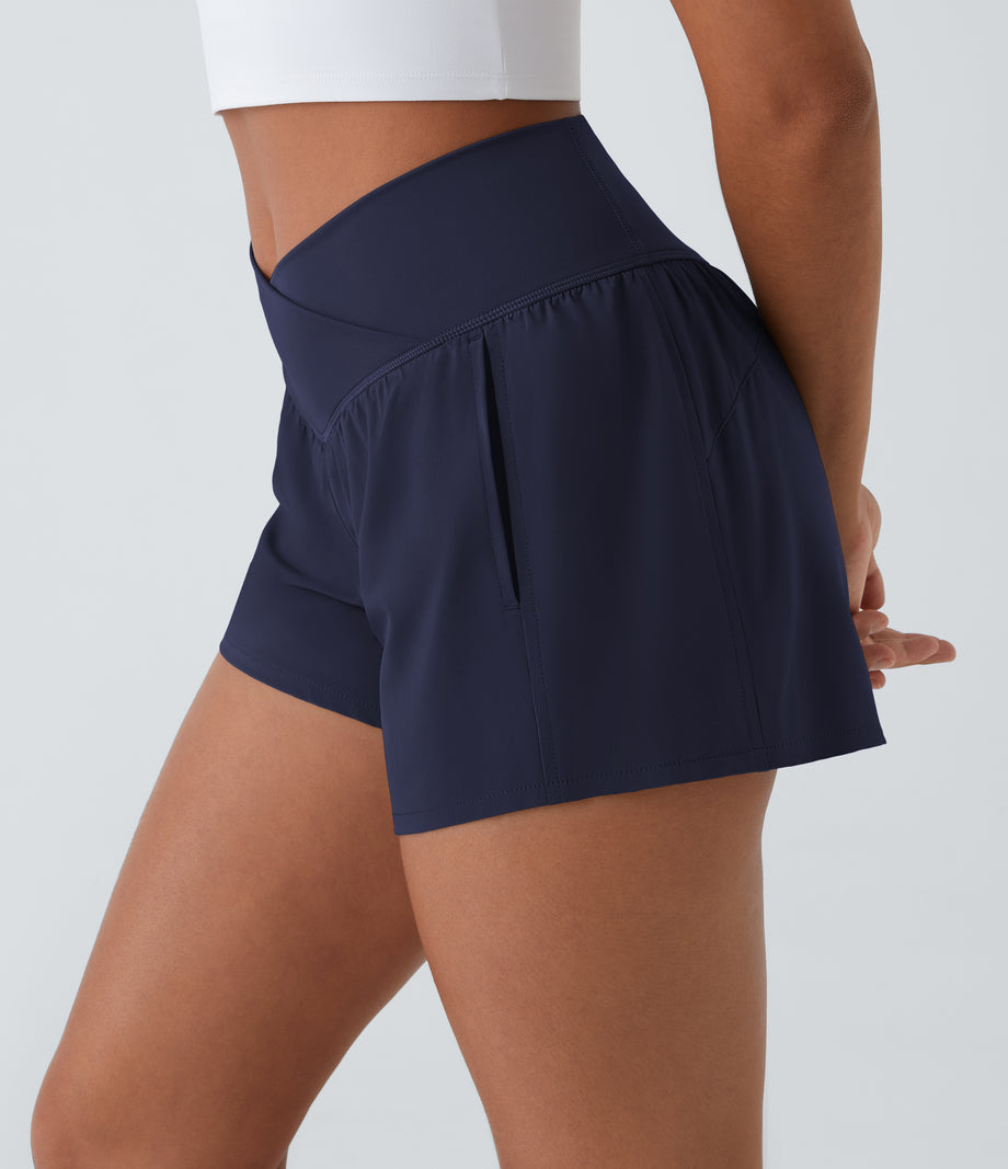 Breezeful™ High Waisted Crossover Pocket 2-in-1 Quick Dry Yoga Shorts 4" - Patriot Blue
