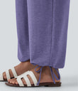 Crossover High Waisted Pocket Drawstring Casual Joggers - Light Purple Floral Yarn