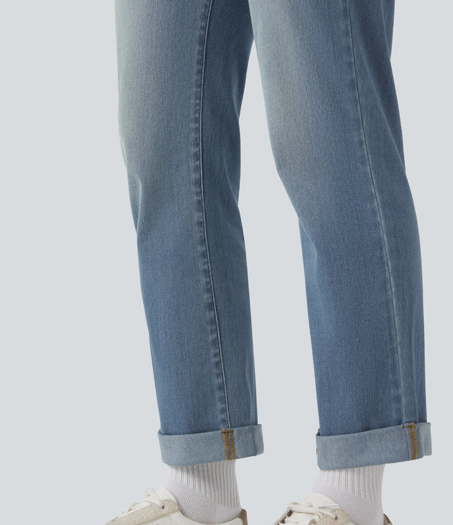 Halara Flex™ High Waisted Rolled Hem Casual Slim Jeans with Pockets - Malibu Blue Denim