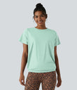 Round Neck Short Sleeve Ruched Cool Touch Yoga Sports Top-UPF50+ - Honeydew