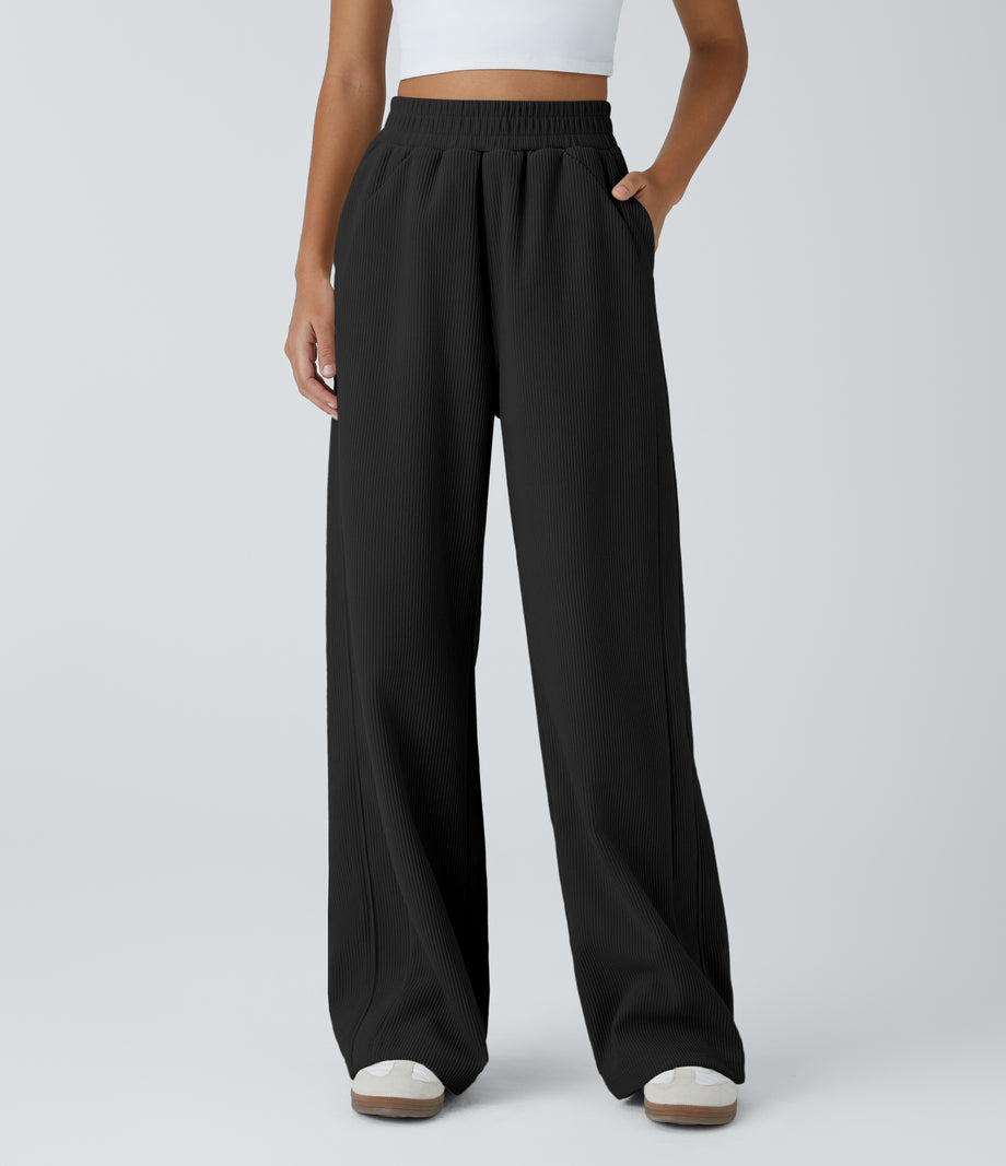 High Waisted Pocket Straight Leg Baggy Mop Corduroy Casual Pants - Black