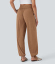 Crossover High Waisted Pocket Drawstring Casual Joggers - Pumpkin Orange Floral Yarn