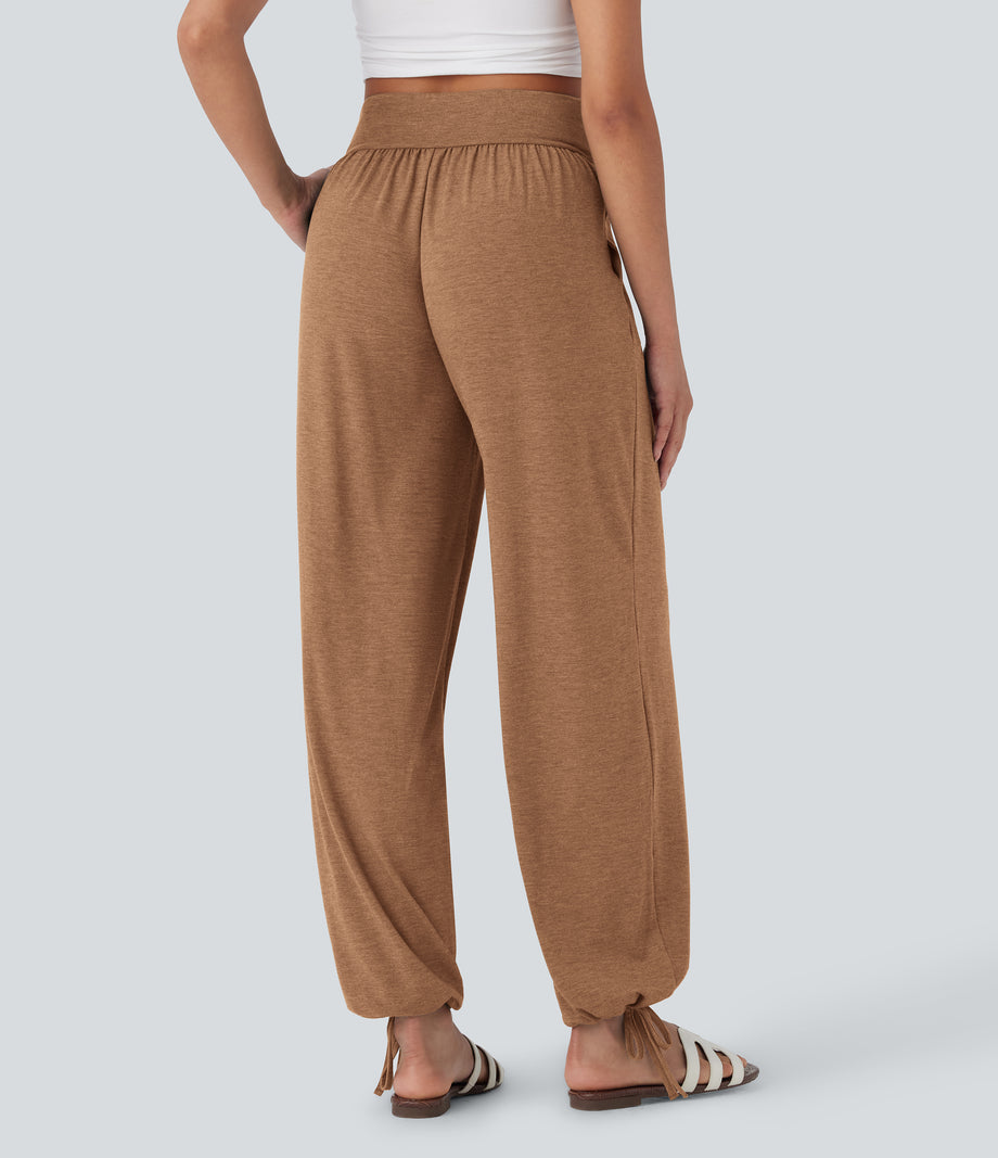 Crossover High Waisted Pocket Drawstring Casual Joggers - Pumpkin Orange Floral Yarn