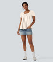 Square Neck Short Sleeve Casual Top - Whisper White