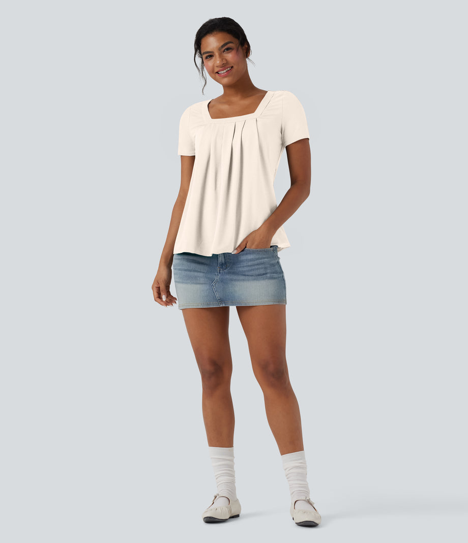 Square Neck Short Sleeve Casual Top - Whisper White