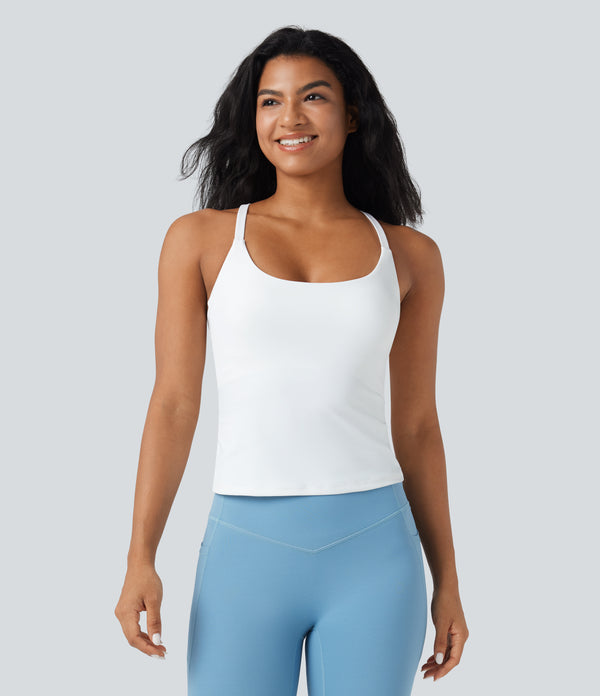 Scoop Neck Crisscross Back Crossover Hem Yoga Cami Top - White