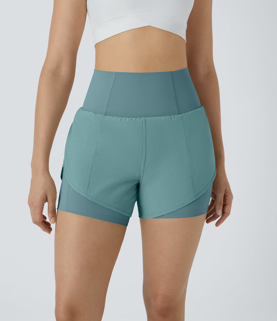 Breezeful™ Super High Waisted Curved Hem 2-in-1 Pocket Quick Dry Yoga Shorts 3.5'' - Mineral Blue