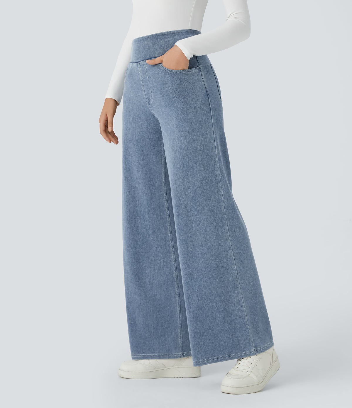 Halara Flex™ High Waisted Pockets Wide Leg Loose Work Jeans - Ice Crevice Denim