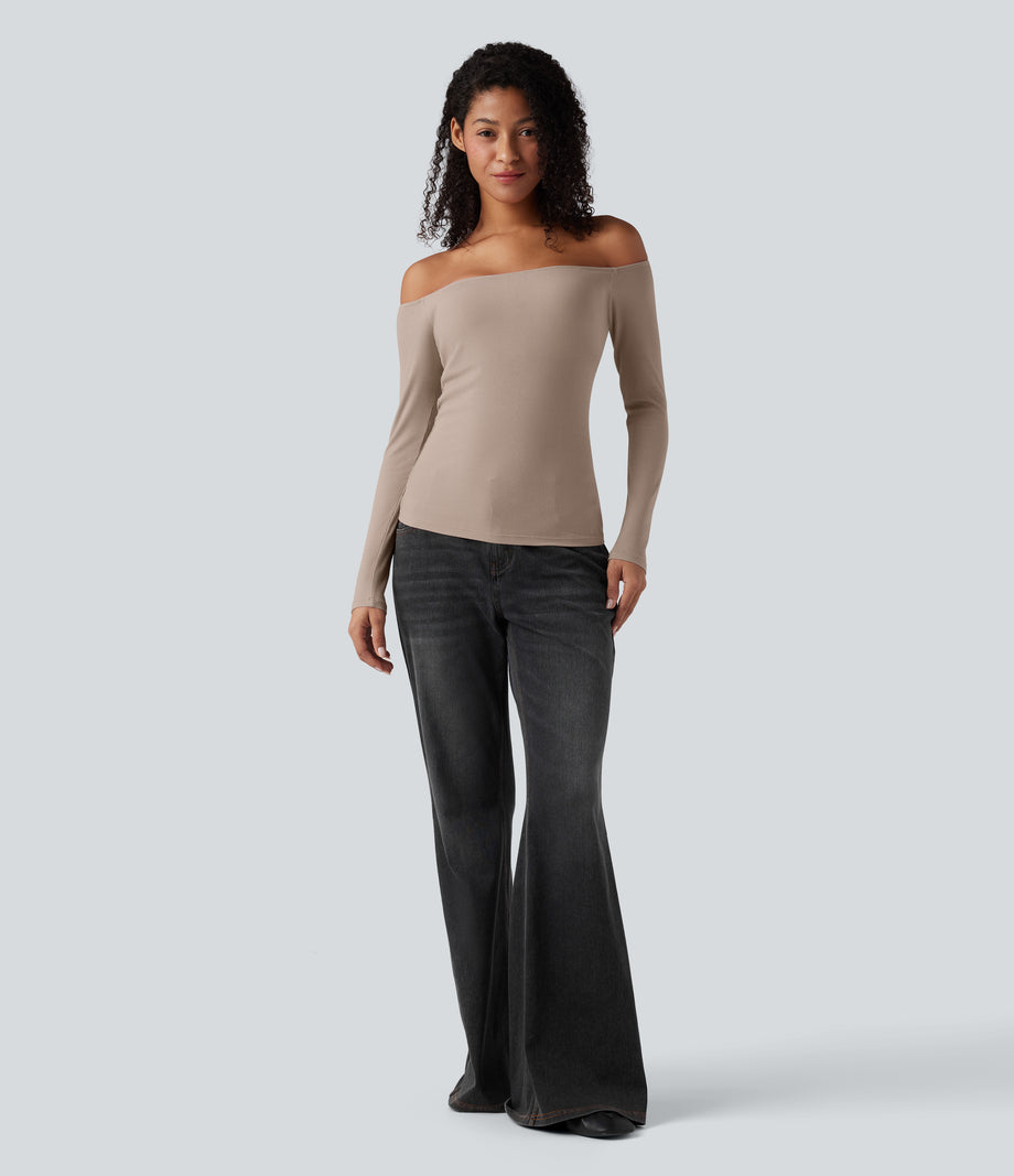 Ribbed Knit Off Shoulder Long Sleeve 2-in-1 Casual Top - Light Taupe