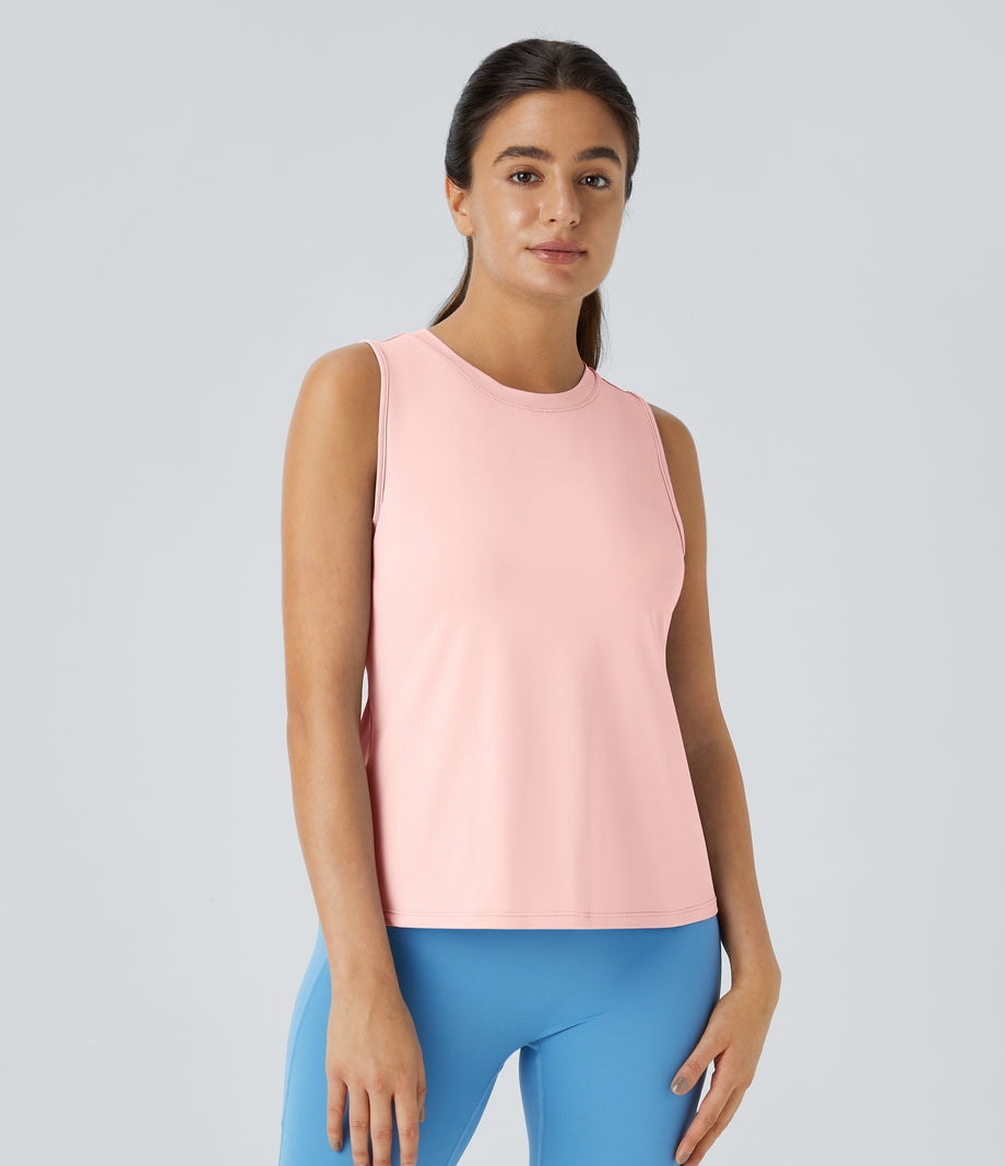 Cut Out Crossover Hem Solid Yoga Tank Top - Icy Pink