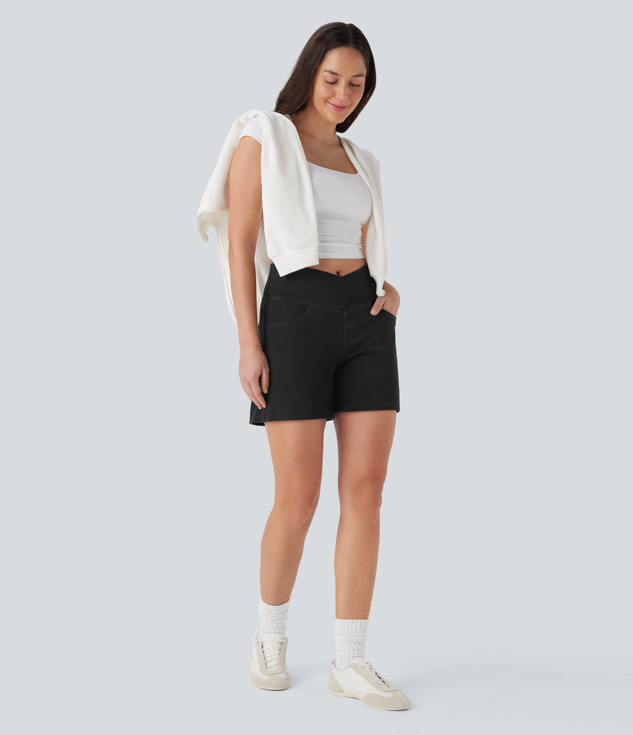 Halara Flex™ Crossover High Waisted Pockets Wide Leg A Line Washed Denim Casual Shorts - Meteorite Black Denim