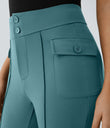 High Waisted Side Flap Pocket Flare Casual Cargo Pants - Stone Green