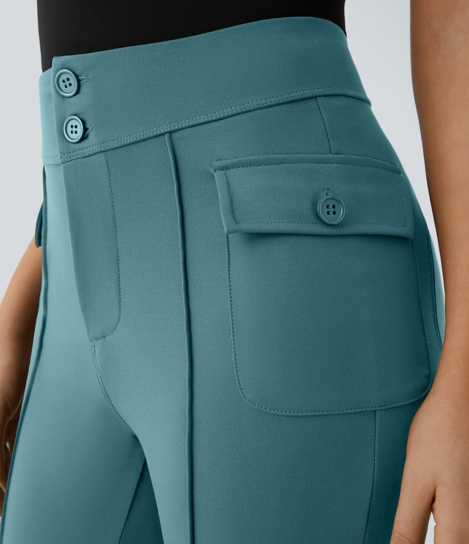 High Waisted Side Flap Pocket Flare Casual Cargo Pants - Stone Green