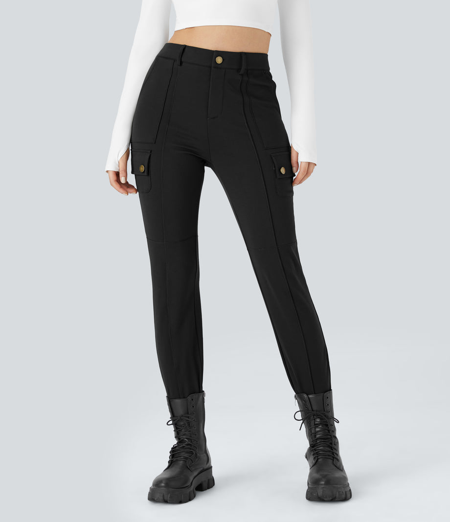 DayStretch High Waisted Zipper Pockets Solid Skinny Cargo Pants - Black