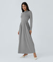 Mock-neck Long Sleeve Pocket Flare Maxi Casual Dress - Ultimate Gray