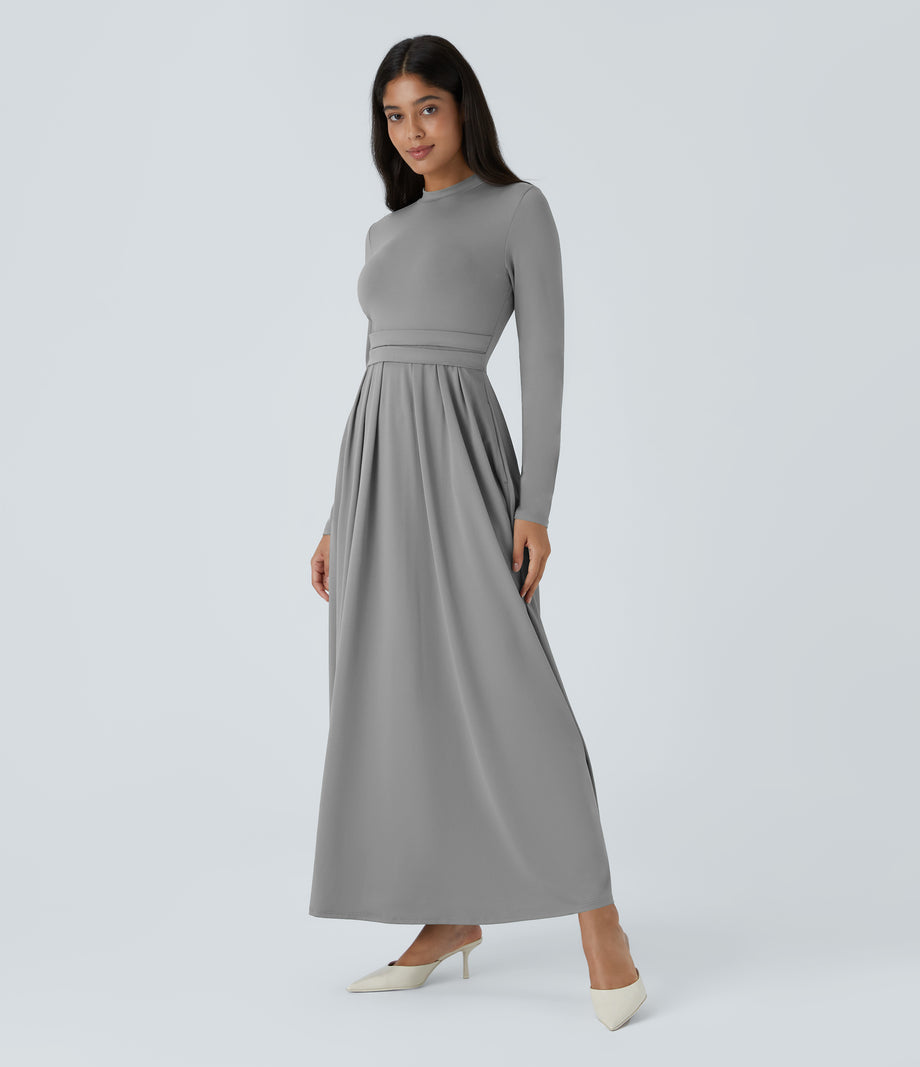 Mock-neck Long Sleeve Pocket Flare Maxi Casual Dress - Ultimate Gray