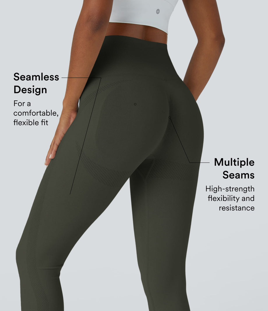 OneForm Seamless Flow High Waisted Ruched 7/8 Yoga Leggings - Forest Night