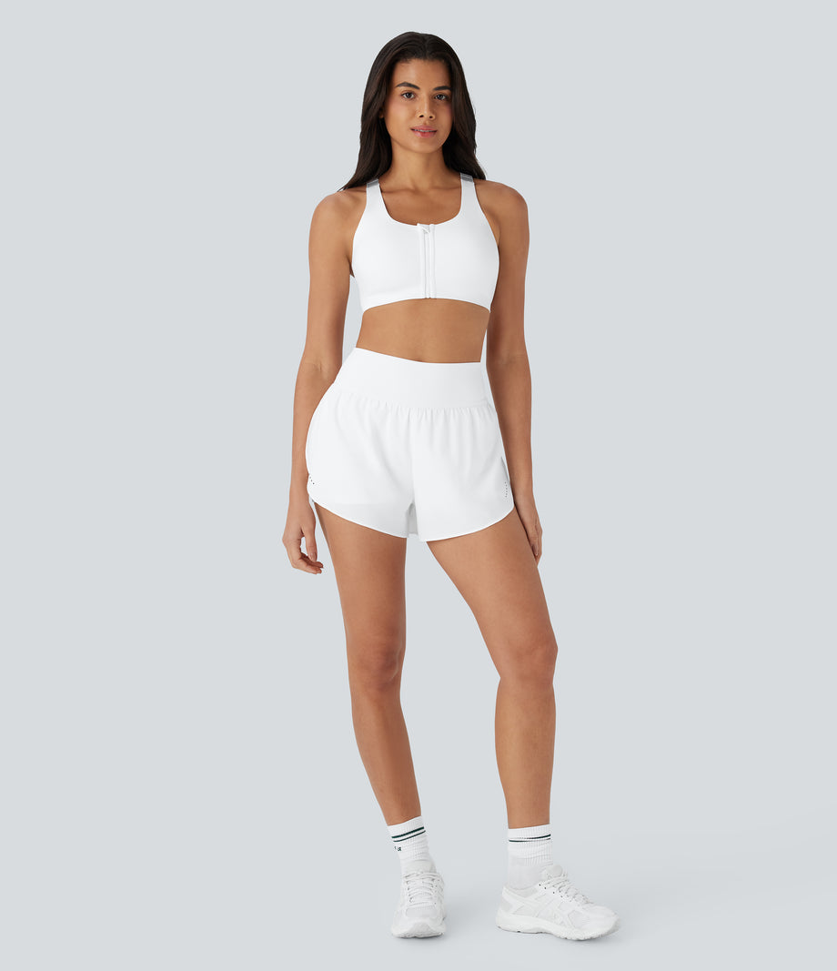 SoftlyZero™ QuickDry High Waisted Tummy Control Reflective Dots Crossover Hem 2-in-1 Running Shorts 3'' with Pockets - White